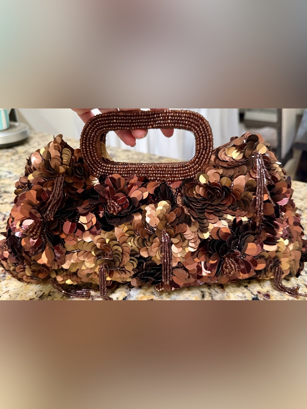 NWT Beaded Bronze Floral Sequin Clutch Crossbody Bag Evening 3D Purse